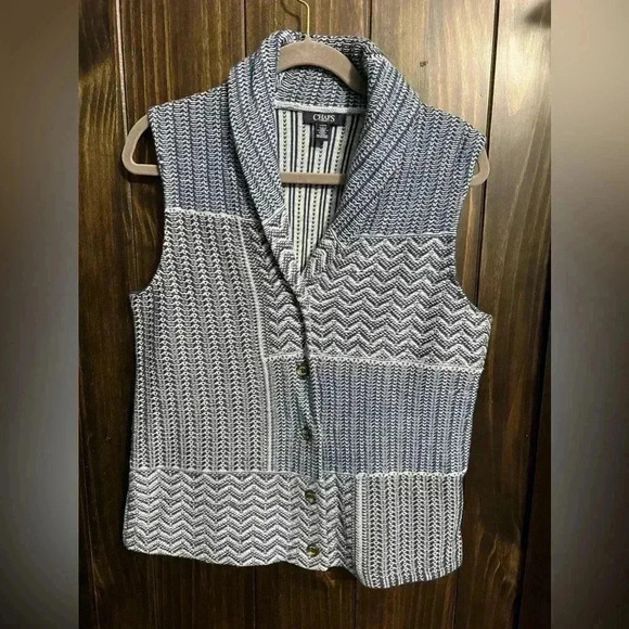 Chaps Blue and White Knit Button Front Shawl Collar Sweater Vest, Size Large - Picture 3 of 10